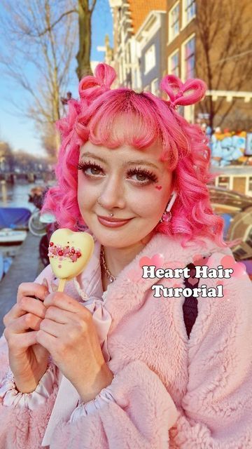 Lovecore Hairstyles, Cupid Hairstyle, Pride Day Outfits, Heart Shaped Hairstyles, Cupid Fashion, Cupid Oc, Kawaii Hairstyle, Valentines Day Hairstyles, Low Bun Hair