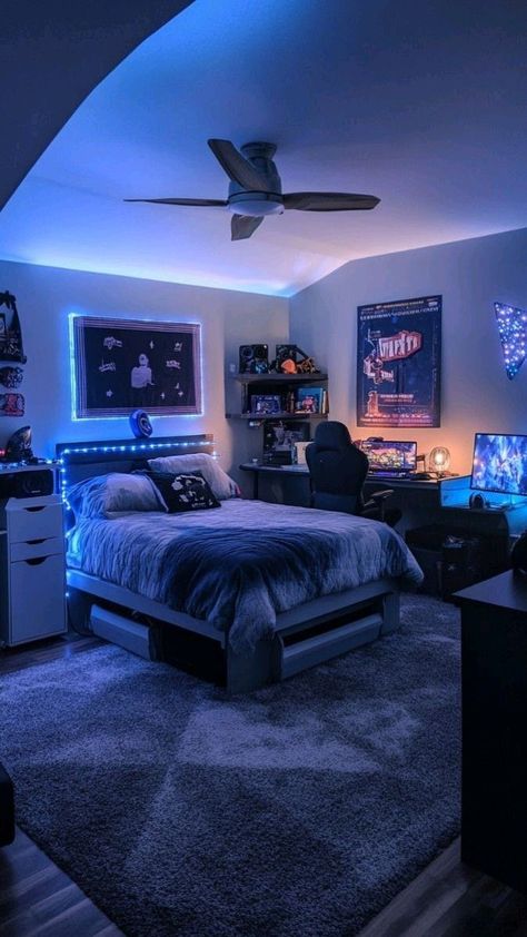 Bedroom Colors Small Room, Room Ideas For Two Brothers, Bedroom Decor Guys, Apartment Room Ideas Cozy, Boy Room Ideas Teenagers Led Lights, Cool Rooms For Teens, Small Teen Boy Bedroom Ideas, Teen Bedroom Decor For Boys, Cool Room Decor For Teens