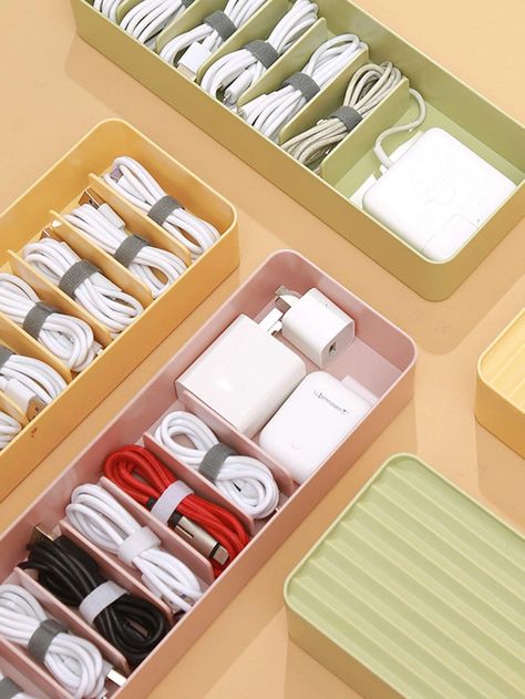 1pc Random Color Data Cable Storage Box | SHEIN USA Cord Organization Storage, Power Cord Storage, Cable Organizer Box, Charger Organizer, Tech Organization, Organisation Hacks, Small Item Storage, Cord Storage, Cable Storage