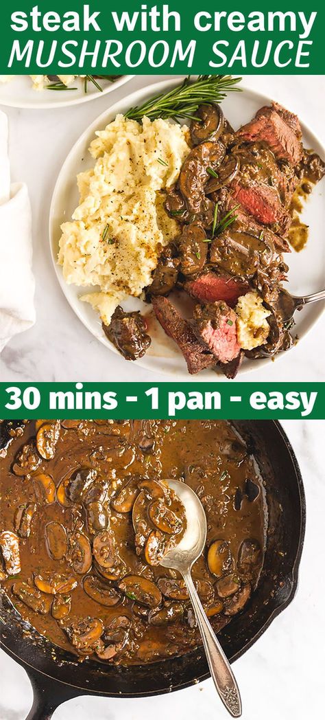 Steak with mushroom sauce is perfect for any date night in.  Juicy steak cooked to perfection served with a creamy mushroom wine sauce. 30 minutes, 1 pan. #steakdinner #easydinner #steakandmushrooms #30minutedinner #1pandinner #easymeal #datenightrecipe #glutenfreerecipe | robustrecipes.com Shitake Mushroom Sauce For Steak, Steak In Sauce, Mushroom Glaze For Steak, Mushroom Sauce For Steak Without Cream, Mushroom Steak Topping, Mushroom Topping For Steak, Steak And Mushroom Sauce, Brown Sauce Recipe For Steak, Steak Toppers