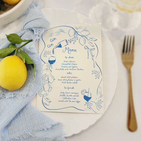 Love for the Mediterranean, wine and Italy all combined into one invite Lemon themed bridal shower menu . . . . . @organiceventssupplyco - blue napkin #etsyshop #etsy #wedding #weddingplacecards #wedding #weddinginspiration #weddingdiy #calligraphy #moderncalligraphy #placecards #tablesettings #placesettings #fallwedding #summerwedding #weddingcalligraphy #onthedaystationary #bride2025 #bride2024 #weddingonthedaystationery #etchedtherapy #weddinginvitations #lemonbridalshower #italybridalshow... Mediterranean Hens Party, Italian Theme Wedding Invitations, Italian Bridal Shower Decorations, Amalfi Coast Wedding Invitations, Mediterranean Themed Wedding, Almafi Coast Bridal Shower Theme, Greek Wedding Invitations, Mediterranean Bridal Shower Theme, Italian Lemon Bridal Shower Theme