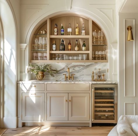 Room For Entertaining, Kitchen Bar With Open Shelving, Open Bar Cabinet, Elegant Wet Bar, Home Bar Open Shelving, Wet Bar With Shelves, Built In With Bar, Bar With Arches Design, Arched Pantry Opening