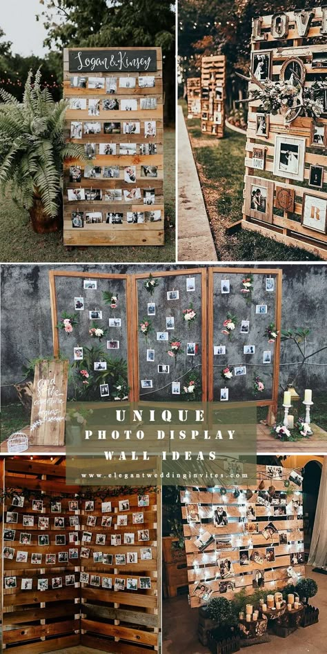 Wedding Photo Display At Reception Decor, Rustic Photo Display Wedding, Photo Displays For Wedding, Pallet Photo Wall Wedding, Outdoor Wedding Rustic Decor, Photo Wall Board Ideas, Photo Display For Engagement Party, Rustic Photo Wall Wedding, Backdrop With Pictures Hanging