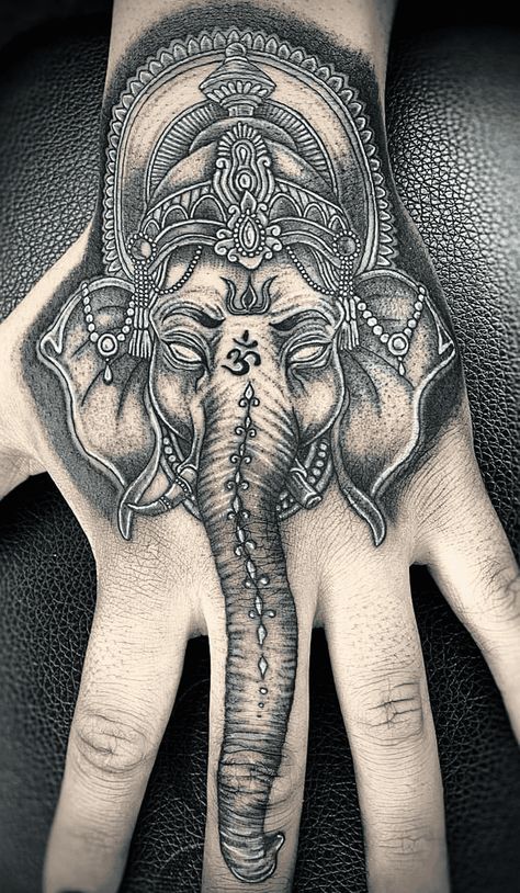 Ganesha Hand Tattoo, Elephant Hand Tattoo, Ganesha Tattoo Design, Arm Tattoos Black, Ganesha Tattoo, Sacred Geometry Tattoo, Geometry Tattoo, Body Suit Tattoo, Hand Tattoos For Guys