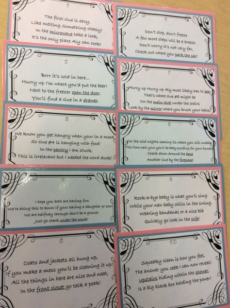 10 clues cause she's due on the tenth, I alternated pink and blue for the back of each clue. I picked 10 places to hide the clues in an envelope around her house to lease the the box that holds the gender. Scavenger Hunt Gender Reveal, Gender Reveal Scavenger Hunt, Baby Reveal Party Games, Valentine Cards For Boyfriend, Creative Gender Reveals, Baby Gender Reveal Party Decorations, Pregnancy Gender, Gender Reveal Party Games, Scavenger Hunt Clues