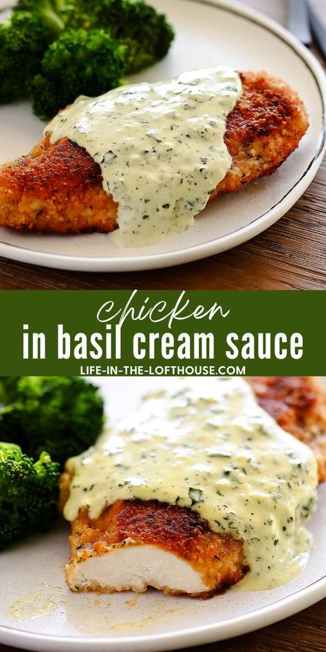 Chicken in Basil Cream Sauce is an elegant meal perfect for a special night in. Usa Recipes, Basil Cream Sauce, Chicken Entrees, Favorite Dinner, Hearty Stews, Health Dinner, Health Dinner Recipes, Chicken Dinners, Chicken Dishes Recipes