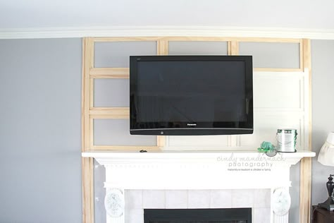 Great tutorial on cheater-method TV mounting and cord hiding #fireplace Tv Over The Fireplace, Tv Surround, Hide Tv Cords, Hide Tv, Tv Cords, Tv Over Fireplace, Tv Mounted, Tv Fireplace, Above Fireplace