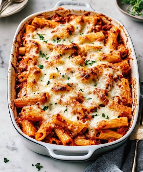 This easy Baked Rigatoni recipe is the ultimate comfort food. With a rich marinara sauce and melted cheese, it’s perfect for family dinners! Rigatoni Marinara Pasta, Stuffed Rigatoni Pie, Recipe Using Marinara Sauce, Recipes With Raos Marinara, Easy Rigatoni Recipes, Creamy Rigatoni Recipes, Chicken Rigatoni Recipes, Rigatoni Carbonara Recipe, Raos Marinara Recipe