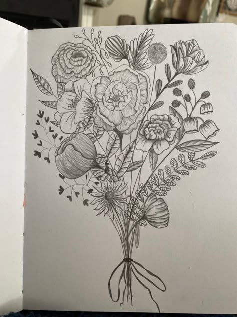 Drawing with pencil in journal of a bouquet of flowers Flower Bouquet Drawing Realistic, Sketch Of Bouquet Of Flowers, Bouquet Sketch Drawings, Flower Drawings Bouquet, Rose Bouquet Sketch, Bouquet Of Flower Drawing, Peonies Bouquet Drawing, Wild Flower Bouquet Drawing, Draw Bouquet Of Flowers