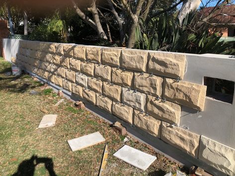 Turn your retaining wall into a natural looking stone cladded wall Retaining Wall Cladding, Garden Wall Cladding, Stone Boundary Wall Design, Stone Cladding Retaining Wall, Sandstone Retaining Wall, Exterior Stone Wall Cladding, Stone Cladding Entrance Wall, Natural Stone Wall Cladding Exterior, Modern Cottage Exterior