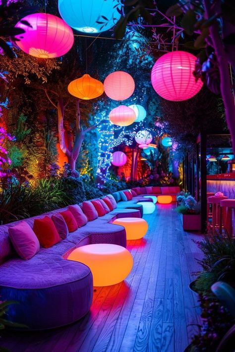 29 Garden Party Decor Ideas to Elevate Your Outdoor Celebrations 11 Colorful Event Design, Bright Color Restaurant Design, Patio Cocktail Party, This Or That Birthday, Techno Theme Party, Neon Dinner Party, Fluorescent Furniture, Glow Party Theme Ideas, Festive Decoration Ideas