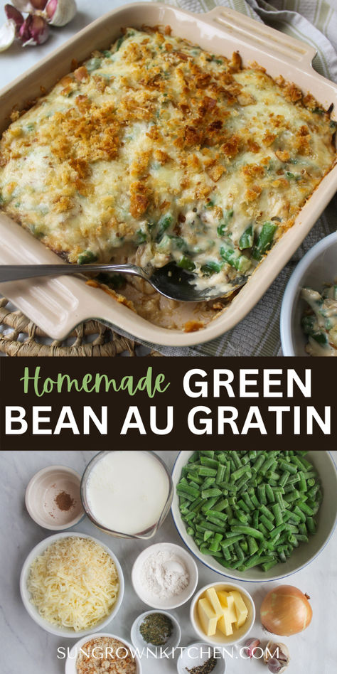 Green Bean Au Gratin is the perfect vegetable side dish for your holiday table! An all around better version of green bean casserole, with no condensed soup or mushy canned green beans! This elegant dish starts with caramelized onions and garlic in a creamy milk sauce, made easy with frozen green beans, and baked with a cheesy bread crumb crust! Greenbean Casserole Recipe Healthy, Greenbean Casserole Recipe With Fresh Green Beans, Green Bean Casserole Gourmet, Frozen Green Bean Casserole Easy, Clean Green Bean Casserole, Green Bean Casserole No Canned Soup, Green Bean Casserole Healthy Thanksgiving Recipes, Green Bean Casserole With No Mushrooms, Holiday Green Beans Recipes