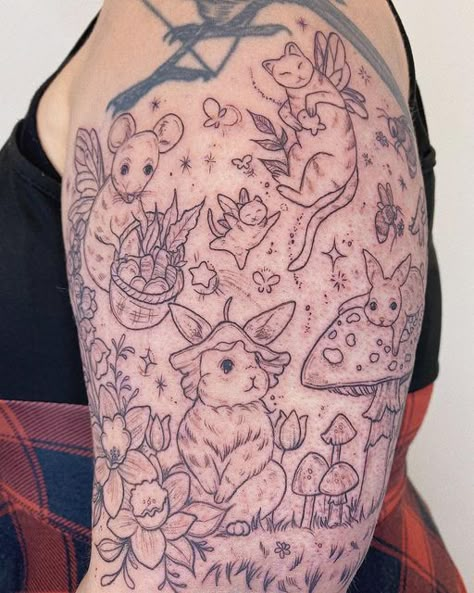 Woodland Half Sleeve Tattoo, Cottagecore Aesthetic Tattoo, Whimsical Garden Tattoo, Woodland Animal Tattoo, Vintage Inspired Tattoos, Unique Nature Tattoos, Critter Tattoo, Woodland Tattoo Sleeve, Mythical Creatures Tattoo