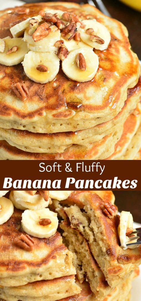 Banana Pancakes. Soft and fluffy pancakes made with mashed bananas, cinnamon, and nuts. Perfect recipe to use up over-ripe bananas. #breakfast #pancakes #banana Banana Nut Pancakes, Breakfast Danish, Fluffy Banana Pancakes, Pancakes Banana, Ripe Banana Recipe, Banana Recipe, Banana Pancakes Recipe, Pancake Recipe Easy, Banana Breakfast