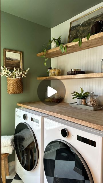 interior niche | krystine pethan on Instagram: "This is the most perfect green paint color! It pairs extremely well with any wood color as well✨

⚠️*** make sure you are following me @interiorniche otherwise ig I not let me message you first! Comment “GREEN” and all directly send you the paint name and links for our laundry room🫶🏼

.
.
#laundryroom #laundryroomdecor #laundryroomdesign #ltkhome #sherwinwilliams" Laundry Room Green Walls, Green Laundry Room Walls, Sage Laundry Room, Green Utility Room, Green Laundry Room Ideas, Narrow Utility Room Ideas, Laundry Room Color Ideas, Laundry Room Green, Green Laundry Room