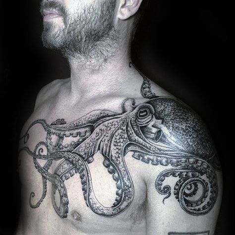 Male Octopus Tattoo Ideas On Shoulder And Chest Octopus Tattoo Sleeve, Kraken Tattoo, Squid Tattoo, Tattoo Ideas Males, Octopus Tattoo Design, Octopus Tattoos, Nautical Tattoo, Geniale Tattoos, Tattoos Geometric