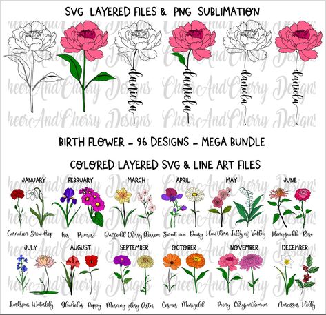 Diy Gift For Grandma, Vinyl Flowers, Birth Flower Svg, Flowers With Names, Birthday Month Flowers, Flowers Line Art, Flowers Drawing, Designs For Cricut, Tassen Design