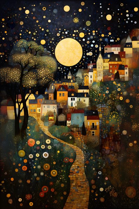 Art Klimt, Klimt Inspired, Whimsical Art Paintings, Japan Illustration, Klimt Art, Big Lake, Moon Night, Art Et Illustration, Whimsical Decor