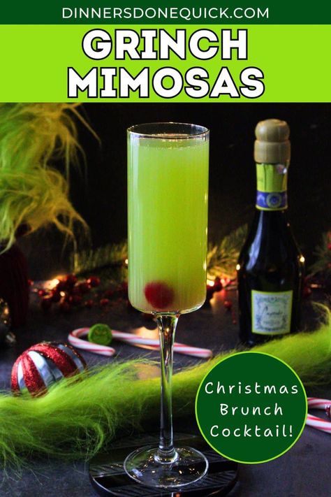 Toast to the holidays with these Grinch Mimosas! This fun and festive green cocktail is perfect for Christmas brunch or any holiday celebration. Made with your favorite bubbly and a touch of holiday flair, it’s easy to whip up and guaranteed to impress your guests. Add a cherry for the Grinch's heartwarming touch! Try this delightful holiday drink recipe now. 🎅🍾 #GrinchCocktails #HolidayDrinks #ChristmasBrunch #FestiveCocktails #HolidayEntertaining #MimosaRecipe #ChristmasMimosas The Grinch Mixed Drink, Grinch Mimosa Recipe, Grinch Drinks For Adults, Grinch Cocktails Drink Recipes, Grinch Sangria, Easy Christmas Alcoholic Drinks, Grinchmas Dinner, Grinch Cocktail Recipe, Grinch Mimosa