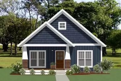 Board and batten siding, fluted columns, shingles in the gables and a cute front porch combine to give this exclusive 2-bedroom New American cottage house plan great curb appeal. Entering the living room, you'll notice a fireplace on the left wall and have a glimpse of the kitchen and eating nook beyond. A walk-in pantry is a nice amenity in a home this size, as is a functional island in the kitchen. The bedrooms are separated by a bathroom maximizing your privacy and each has a walk-in closet..
❤️Click on the link #tinyhouse #tinyhouseplans 2 Bedroom Cottage House Plans, Two Bedroom Two Bath House Plans, American Cottage House, Small House Drawing, Cute Front Porch, Small Cottage Plans, American Cottage, Island In The Kitchen, Eating Nook