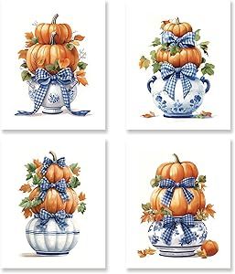 KSDUT Chinoiserie Pumpkin Wall Art Decor Set of 4 - Autumn Fall Coquette Artwork Poster Blue Flower Bows Wall Decor for Grandmillennial Home Bedroom Decorations - 8"x10" Unframed Blue Chinoiserie Decor, Decorating Dorm, Grandmillennial Home, Blue Fall Decor, Chinoiserie Pumpkins, Pumpkin Wall Art, Modern Chinoiserie, Fall Coquette, Chinoiserie Decor