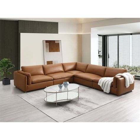 ACME Brighton Contemporary Top Grain Leather Upholstered Sectional Sofa in Tan - Walmart.com Brown Sectional Sofa, Nailhead Trim Sofa, Tan Leather Sofa, Top Grain Leather Sectional, High Rise Apartment, Brown Ottoman, Modular Sofa Design, Living Room 2024, Brown Sectional