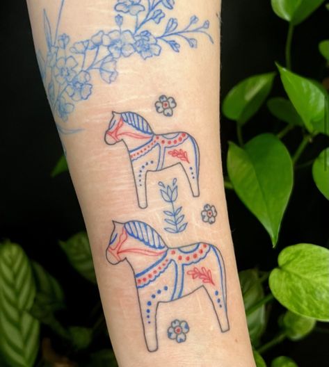 Swedish Inspired Tattoo, Swedish Horse Tattoo, Dala Horse Tattoo, Swedish Tattoo Ideas, Artichoke Tattoo, Sweden Tattoo, Swedish Tattoo, Grandpa Tattoo, Dutch Tattoo