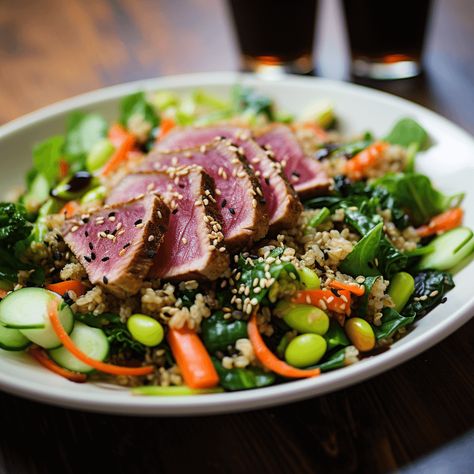 Tuna Tataki Salad with Seven Grains and Carrot-Asian Pear Dressing Recipe Tuna Tataki Salad, Tuna Tataki Recipe, Guest Lunch Ideas, Pear Dressing, Tataki Tuna, Seared Tuna Salad, Beef Burgers Patties, Fennel Slaw, Weekend Brunch Recipes