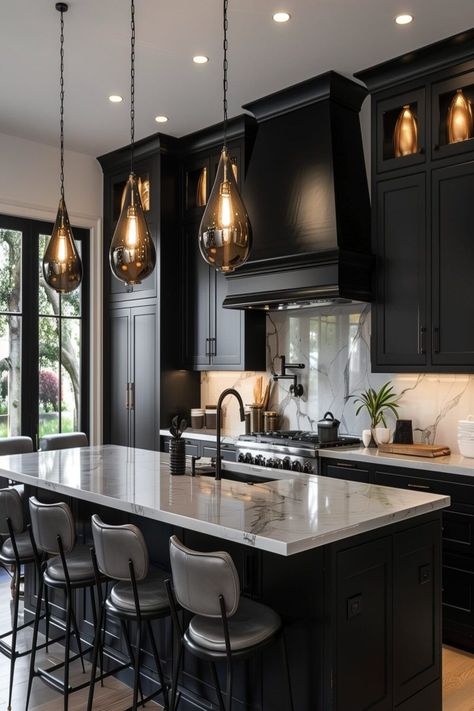 White Cabinets With Black Island Kitchen, Kitchen Ideas With Black Cabinets, Black Kitchen Cabinet Ideas, Black And White Cabinets Kitchen, Kitchen Island Ideas Black, Black Kitchen Ideas Modern, Black Kitchen Island Ideas, Kitchen With Black Cabinets, Kitchen Black And White