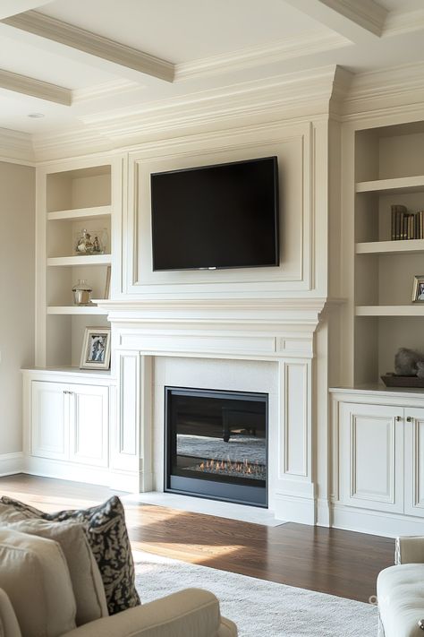 Built In Tv Over Fireplace, Tv And Built In Shelves, Mantel With Bookshelves, Floating Shelves Tv Fireplace, Diy Built Ins Around Fireplace Vaulted Ceiling, Built Ins Small Living Room, Recessed Built In Shelves Living Room, Traditional Built Ins Around Fireplace, Fireplace And Bookcase