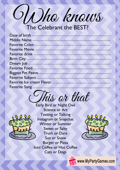 10th Birthday Boy Game, Gaming Party Printables, Printable Sleepover Games, Games To Play For Birthday Party, Birthday Party Question Games, Free Printable Birthday Party Games For Adults, First Birthday Games For Adults Activities, Birthday Party Games For All Ages, Free Who Knows The Birthday Girl Best Printable