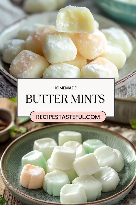 These creamy and minty homemade butter mints are a delightful treat for any occasion. Made with a simple blend of butter, powdered sugar, and peppermint extract, these colorful mints are easy to make and perfect for holiday gatherings, party favors, or as a sweet gift for loved ones. Butter Mint Cookies, Butter Cream Mints Recipe, Mint Candy Melts, Homemade Breath Mints, Christmas Butter Mints Recipe, After Dinner Mints Recipe, Soft Butter Mints, Easy Cream Cheese Mints Recipes, Holiday Snack Gift Ideas