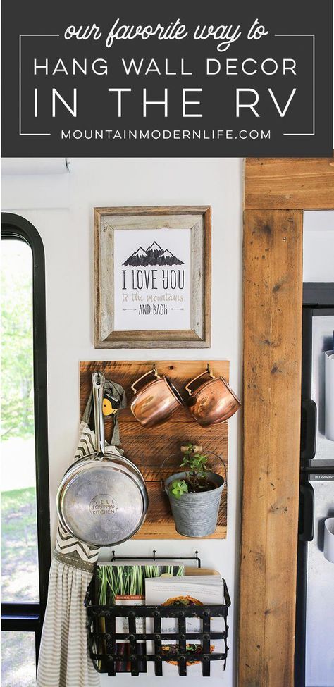 Looking for ways to easily hang frames without using screws or nails? Check out our favorite way to hang wall decor in the RV! MountainModernLife.com #glampingitems #rvdecorating Rv Decorating Ideas Rv Interior, Travel Trailer Decor, Hang Wall Decor, Rustic Outdoor Kitchens, Camper Trailer Remodel, Trailer Decor, Camper Hacks, Travel Trailer Camping, Diy Camper Remodel