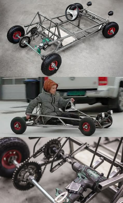 Building A Go Kart, Drill Powered Go Cart, Diy Go Kart Plans, Cool Go Karts, Go Kart Designs, Build A Go Kart, Drift Kart, Diy Slingshot, Homemade Go Kart