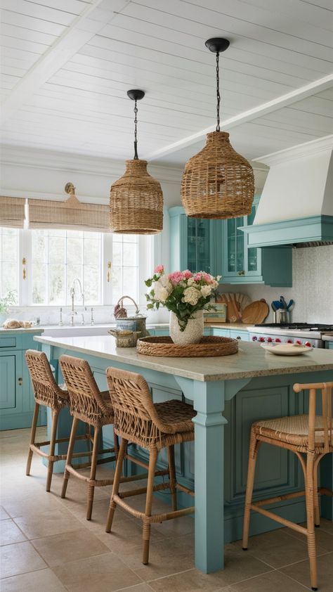 Ocean Kitchen Theme, Ocean Kitchen, Unique Kitchen Island, Island Decor Ideas, Kitchen Island Decor Ideas, Trendy Kitchen Design, Centerpieces Rustic, Coastal Kitchen Decor, Teal Kitchen