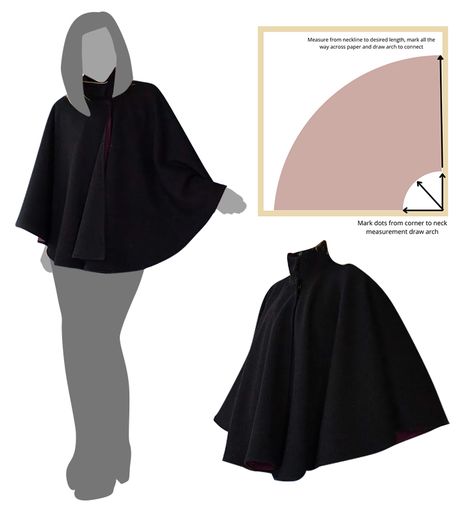 Download a free PDF sewing pattern for a short circle cape featuring a high stand-up collar, snap fastenings at the neck, and a fully lined design. Hood Sewing Pattern Free, Free Cloak Pattern, Cloak Sewing Pattern Free, Short Cloak Pattern, Short Cape Pattern, Cloak Pattern Hooded, Types Of Capes, Gothic Sewing Patterns, Costume Patterns Free