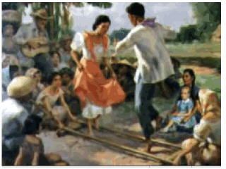 Tininkling. With bamboo poles. Tinikling Dance Drawing, Filipino Photoshoot, Philippine Dance, Philippines Painting, Fernando Amorsolo, Philippine Culture, Filipino Clothing, Filipino Pride, Kagehina Cute