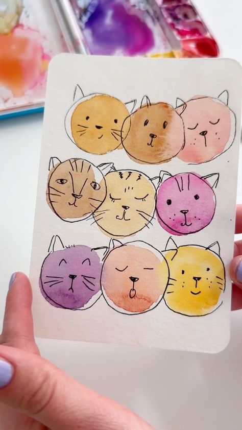 Anna Koliadych | The cutest watercolor cats! 🐱 🎨🎨🎨Fun and easy way to practice, it’s a lovely idea for greeting cards. 😌🥰😉 #watercolor… | Instagram Easy Watercolor Sketchbook Ideas, Crafternoon Ideas, Watercolor Doodles, Watercolor Cats, Learn Watercolor Painting, Watercolor Birthday Cards, Geometric Mountain, Watercolor Beginner, Learn Watercolor