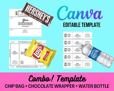 Combo Blank Chip Bag + Chocolate Wrapper + Water Bottle Label Template Digital Templates Design, Diy Chip Bags, Diy Mermaid Birthday Party, Chocolate Template, Bottle Template, Personalized Packaging, Chocolate Labels, Water Bottle Labels Template, Chocolate Wrapper