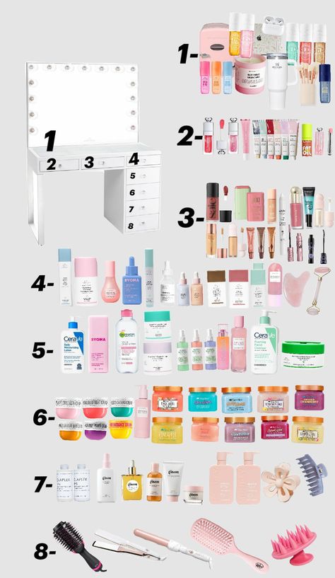 This took so long!!!! Dream vanity!💖🌊🤍 Vanity Essentials List, What To Put In Your Vanity, Skin Care Vanity, Organize Vanity, Vanity Products, Skincare Vanity, Vanity Essentials, Girly Products, Dream Vanity