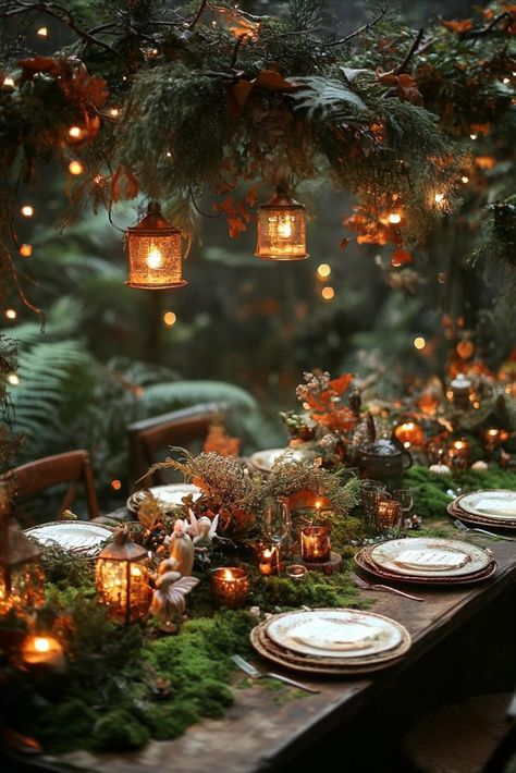 29 Fall Tablescape Ideas for a Warm and Inviting Table Setting 18 Hobbit Themed Thanksgiving, Elegant Tablescape Wedding, Fantasy Table Setting, Winter Forest Theme Party, Enchanted Forest Party Table, Enchanted Forest Theme Christmas, Enchanted Forrest Table Decor, Whimsical Christmas Table Setting Ideas, Enchanted Forest Themed Party