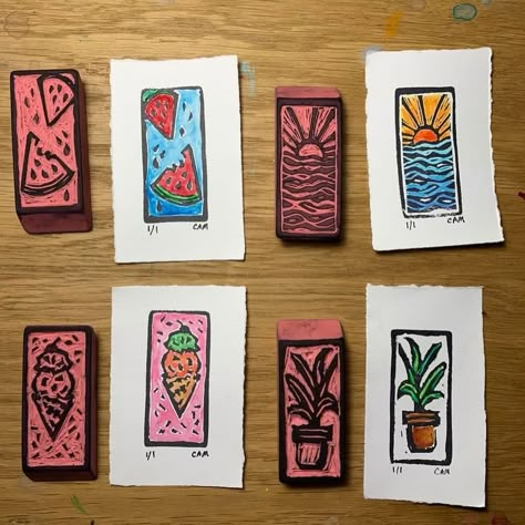 I love the way @worksbycherylann painted in her pink eraser carvings! If you use archival ink and allow it to fill dry it does become… | Instagram Small Printmaking Ideas, Carved Eraser Stamps, Rubber Eraser Stamps, Relief Printmaking Ideas, Pink Eraser Art, Eraser Stamps Diy, Pink Eraser Linocut, Eraser Carving Handmade Stamps, Rubber Stamp Design Ideas