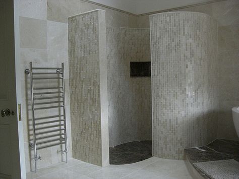 Bespoke Snail Shower Surround in Noce Random Length Mosaic with Marron Showertray and built in shelf | Flickr - Photo Sharing! Shower Curbless, Adobe Home, Daydream Believer, Walk In Shower Designs, New Bathroom Ideas, Designer Bathroom, Shower Designs, Mortgage Broker, Master Shower