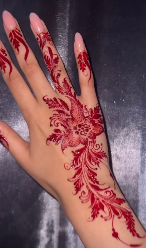 Red Henna Hand Tattoos, Red Right Hand Tattoo, Chinese Henna Designs, Henna Half Sleeve Tattoo, Pakistani Tattoo Ideas, Henna Inspo Aesthetic, Birthday Henna Design, Pink Hand Tattoo, Pattern Hand Tattoo