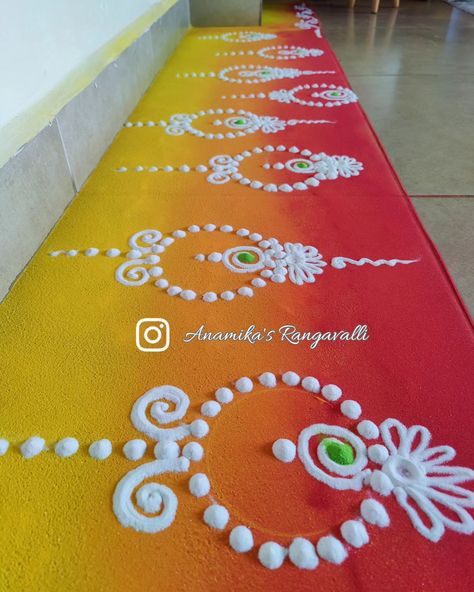 "Discover elegant and simple Rangoli designs that will beautifully enhance and elevate the ambiance of your special occasion. #RangoliDesigns #ElegantDecor #FestiveVibes #TraditionalArt #OccasionDecor #BeautifulRangoli" Rangoli Designs Side Border, Border Design For Rangoli, Border Rangoli Designs Flower, Door Rangoli Designs Simple, Rangoli Border Designs Simple, New Design Rangoli, Rangoli Designs Border, Side Border Rangoli Designs, Side Rangoli Designs