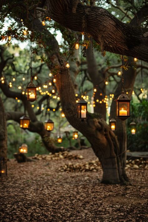 Magical Woodland Wedding, Small Forest Wedding, Tree Decor Wedding, Lanterns In Trees, Nature Wedding Theme, Forrest Weddings, Whimsical Forest Wedding, Woodland Fairy Wedding, Woodland Wedding Theme