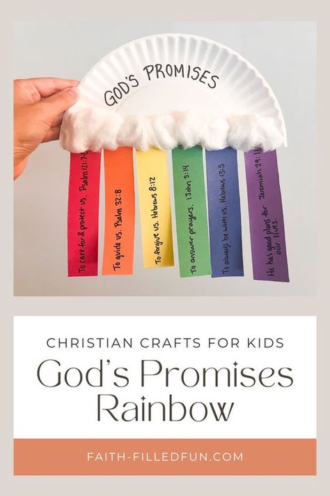 This super cute God’s Promises Rainbow craft requires very few supplies or steps and creates a colorful piece of art. Use this craft to teach and remember various promises from God we find in the Bible. This simple paper plate craft is perfect for any Sunday School/Kids Ministry lesson on Noah’s Ark or God’s Promises. If you choose to forgo the writing these would also make a great decoration for any rainbow-themed party or a fun name-sign for a bedroom door or locker. Kids Ministry Lessons, Rainbow Lessons, Bible Crafts Sunday School, Kids Sunday School Lessons, Rainbow Craft, Paper Plate Craft, Children's Church Crafts, Bible Activities For Kids, Sunday School Kids