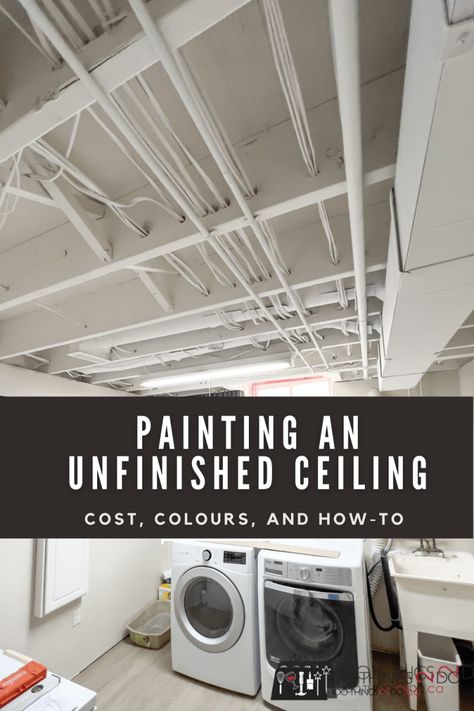 Painting Exposed Ceiling, White Unfinished Basement Ceiling, Diy Unfinished Basement Ideas Ceiling, Unfinished Basement White Ceiling, Basement Ceiling Before And After, How To Paint Unfinished Basement Ceiling, White Ceiling Basement, Painting Unfinished Basement Ceiling, Painting Duct Work In Basement