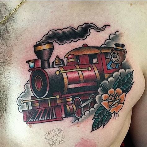 Locomotive Tattoo by Tattoo Paulski #locomotive #locomotivetattoo #traintattoo #train #traditionallocomotive #traditionaltrain #oldschooltrain #oldschool #traditional #TattooPaulski Freight Train Tattoo, Train Tattoo Ideas, Steam Train Tattoo, Train Tattoos, Stay Humble Tattoo, Stay Gold Tattoo, Humble Tattoo, Georgia Tattoo, Train Tattoo