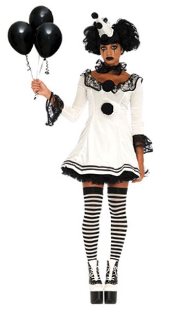 The Pantomime Pierrot costume is perfect for anyone dreaming of running off the the circus this October! The costume includes a white dress with pom pom buttons and ruffle cuff and collars, a hat and a neck ruffle. This charming costume will have you looking cute this Halloween! Pierrot Clown Costume, Pierrot Costume, White Velvet Dress, Clown Costume Women, Black And White Clown, Halloweenský Makeup, Clown Halloween Costumes, Clown Hat, Pierrot Clown